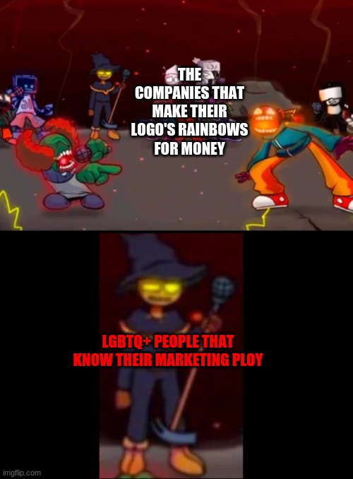 zardy's pure dissapointment | THE COMPANIES THAT MAKE THEIR LOGO'S RAINBOWS FOR MONEY LGBTQ+ PEOPLE THAT KNOW THEIR MARKETING PLOY | image tagged in zardy's pure dissapointment | made w/ Imgflip meme maker
