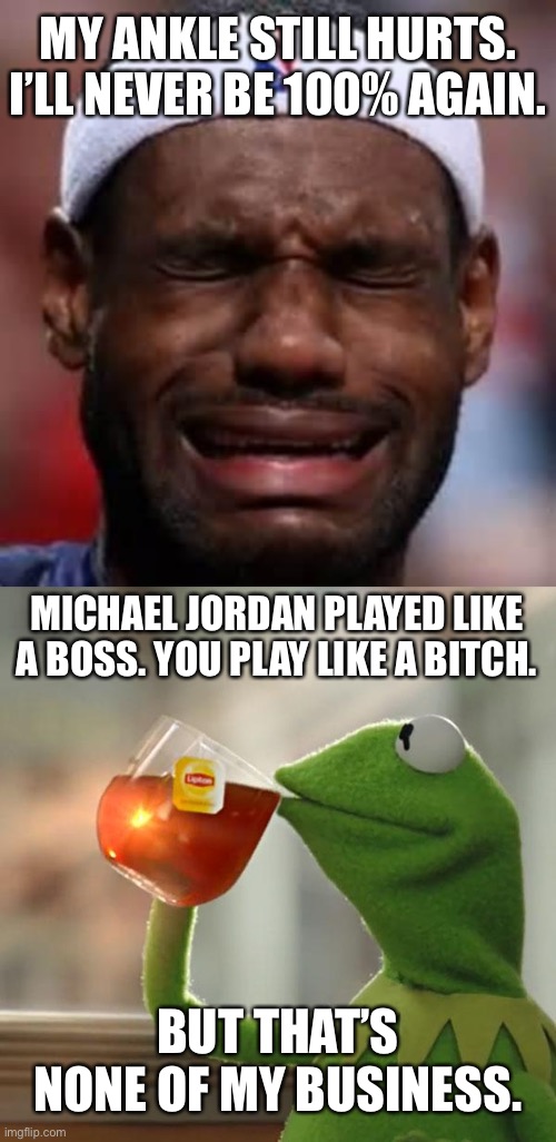 MY ANKLE STILL HURTS. I’LL NEVER BE 100% AGAIN. MICHAEL JORDAN PLAYED LIKE A BOSS. YOU PLAY LIKE A BITCH. BUT THAT’S NONE OF MY BUSINESS. | image tagged in lebron crying,memes,but that's none of my business,michael jordan,goat,nba | made w/ Imgflip meme maker