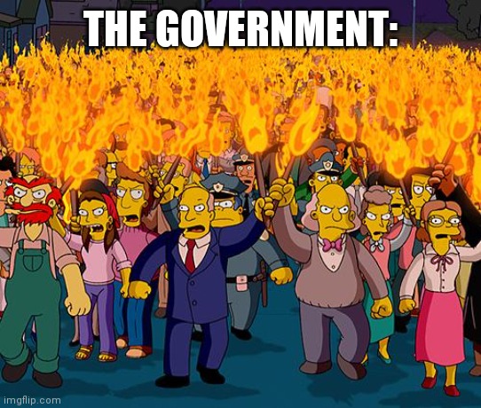The government when they see something very illegal | THE GOVERNMENT: | image tagged in angry mob | made w/ Imgflip meme maker