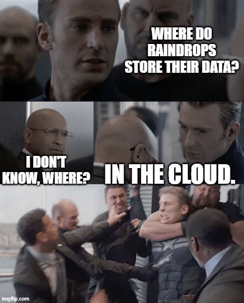 Bad Pun Alert! | WHERE DO RAINDROPS STORE THEIR DATA? I DON'T KNOW, WHERE? IN THE CLOUD. | image tagged in captain america elevator,memes,puns,dad jokes,funny | made w/ Imgflip meme maker