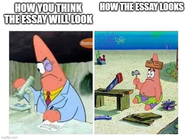 Patrick Scientist vs. Nail | HOW THE ESSAY LOOKS; HOW YOU THINK THE ESSAY WILL LOOK | image tagged in patrick scientist vs nail | made w/ Imgflip meme maker