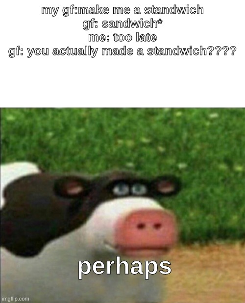 the standwich | my gf:make me a standwich
gf: sandwich*
me: too late
gf: you actually made a standwich???? perhaps | image tagged in perhaps cow | made w/ Imgflip meme maker