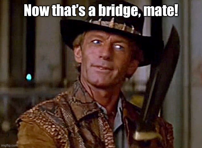 Crocodile Dundee Knife | Now that’s a bridge, mate! | image tagged in crocodile dundee knife | made w/ Imgflip meme maker