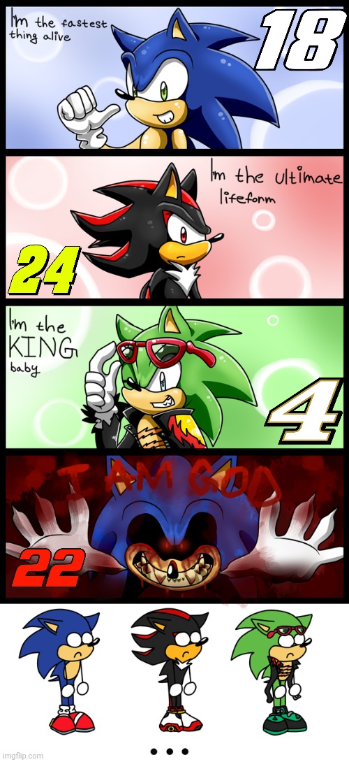 Don't even know who's faster of the 4 though- | image tagged in sonic the hedgehog,shadow the hedgehog,scourge the hedgehog,sonicexe,nascar,oh wow are you actually reading these tags | made w/ Imgflip meme maker