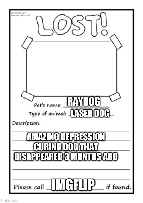 where are you raydog? |  RAYDOG; LASER DOG; AMAZING DEPRESSION CURING DOG THAT DISAPPEARED 3 MONTHS AGO; IMGFLIP | image tagged in missing poster,raydog,please come back | made w/ Imgflip meme maker