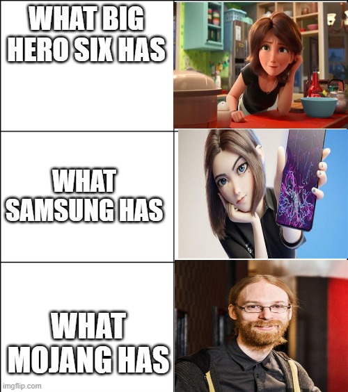 Which is why minecraft is great | WHAT BIG HERO SIX HAS; WHAT SAMSUNG HAS; WHAT MOJANG HAS | image tagged in 6 square grid,fun,gaming,why are you reading this | made w/ Imgflip meme maker