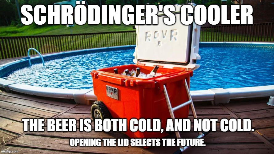 Backyard science, with beer | SCHRÖDINGER'S COOLER; THE BEER IS BOTH COLD, AND NOT COLD. OPENING THE LID SELECTS THE FUTURE. | image tagged in cooler | made w/ Imgflip meme maker