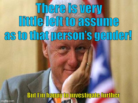 smiling bill clinton | There is very little left to assume as to that person’s gender! But I’m happy to investigate further | image tagged in smiling bill clinton | made w/ Imgflip meme maker