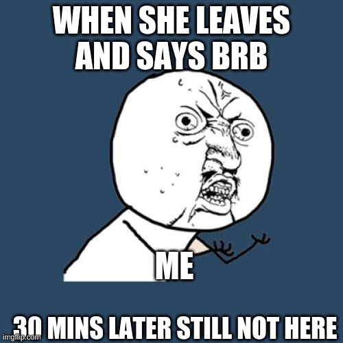 Y U No Meme | WHEN SHE LEAVES AND SAYS BRB; ME; 30 MINS LATER STILL NOT HERE | image tagged in memes,y u no | made w/ Imgflip meme maker