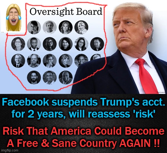 The Left's Greatest FEAR is Donald J. Trump!  And He is Our Greatest HOPE! | Facebook suspends Trump's acct.
for 2 years, will reassess 'risk'; Risk That America Could Become
A Free & Sane Country AGAIN !! | image tagged in political meme,donald trump,maga,freedom,sanity,america | made w/ Imgflip meme maker