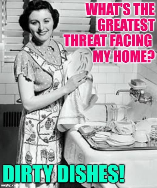 Dirty Dishes Threat | WHAT'S THE
GREATEST
THREAT FACING 
MY HOME? DIRTY DISHES! | image tagged in washing dishes,housewife,housework,threats,humor,funny memes | made w/ Imgflip meme maker