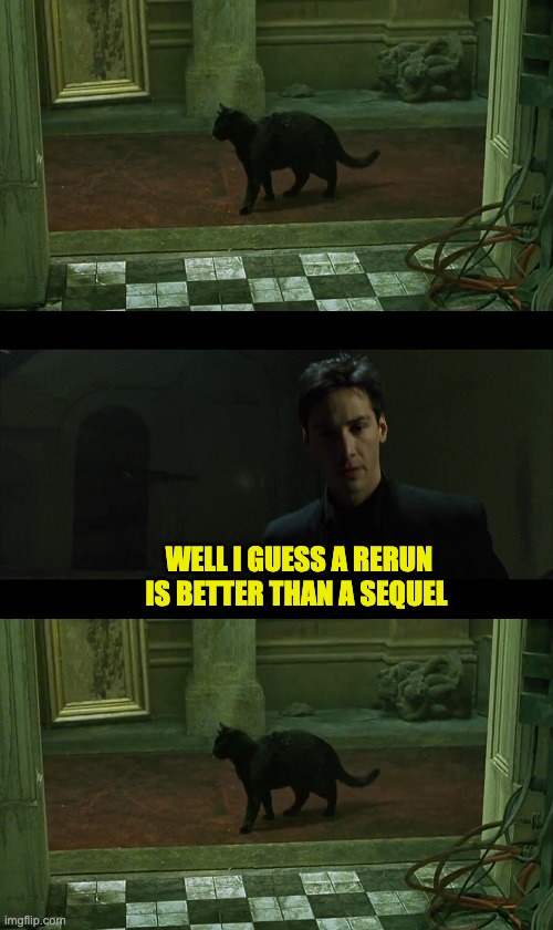 deja vu matrix | WELL I GUESS A RERUN IS BETTER THAN A SEQUEL | image tagged in deja vu matrix | made w/ Imgflip meme maker