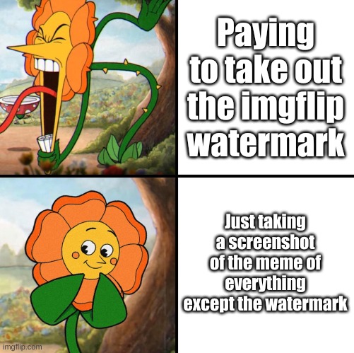 dude | Paying to take out the imgflip watermark; Just taking a screenshot of the meme of everything except the watermark | image tagged in angry flower | made w/ Imgflip meme maker