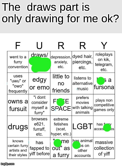 Wolfie's Furry Bingo V2 paper results ( Made by circus_baby_purple ) | The  draws part is only drawing for me ok? | image tagged in furry bingo v2 | made w/ Imgflip meme maker