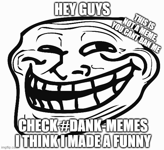 funny | HEY GUYS; THIS IS NOT A MEME, YOU CANT BAN ME; CHECK #DANK-MEMES
I THINK I MADE A FUNNY | image tagged in trololol | made w/ Imgflip meme maker
