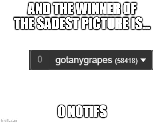 i am sad | AND THE WINNER OF THE SADEST PICTURE IS... 0 NOTIFS | image tagged in blank white template | made w/ Imgflip meme maker