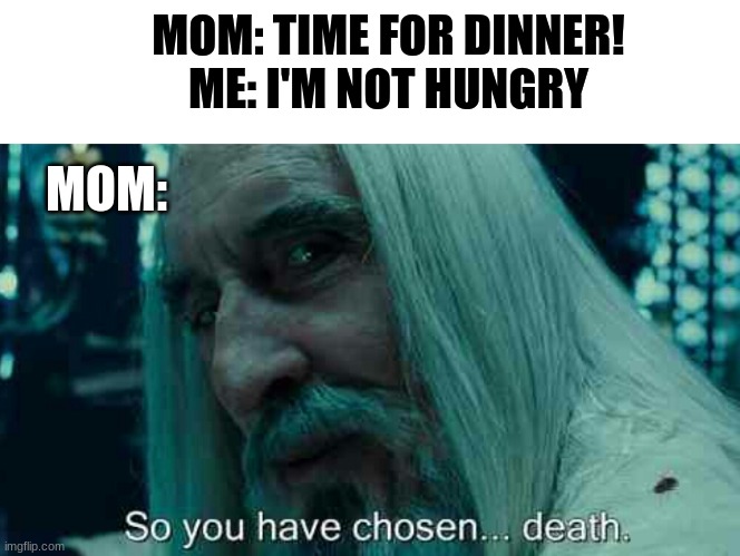 On second thought....0.o | MOM: TIME FOR DINNER!
ME: I'M NOT HUNGRY; MOM: | image tagged in so you have chosen death | made w/ Imgflip meme maker