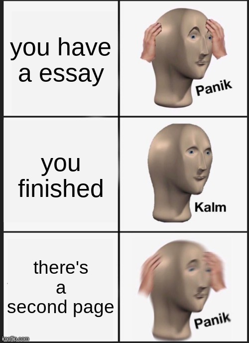 THE HUMANITY OF SECOND PAGE ESSAYS | you have a essay; you finished; there's a second page | image tagged in memes,panik kalm panik | made w/ Imgflip meme maker