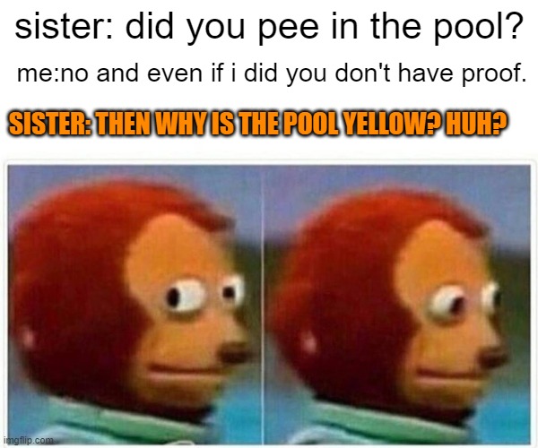 Monkey Puppet | sister: did you pee in the pool? me:no and even if i did you don't have proof. SISTER: THEN WHY IS THE POOL YELLOW? HUH? | image tagged in memes,monkey puppet | made w/ Imgflip meme maker