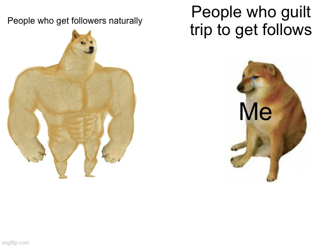 Welp | Me; People who guilt trip to get follows; People who get followers naturally | image tagged in memes,buff doge vs cheems | made w/ Imgflip meme maker