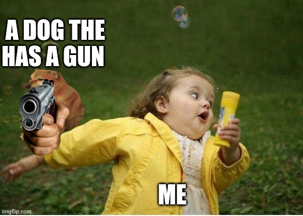 Chubby Bubbles Girl Meme | A DOG THE HAS A GUN; ME | image tagged in memes,chubby bubbles girl | made w/ Imgflip meme maker