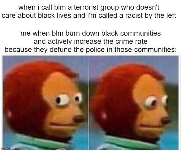 I'm not one to toot my own horn, but ... *toot toot* | when i call blm a terrorist group who doesn't care about black lives and i'm called a racist by the left; me when blm burn down black communities and actively increase the crime rate because they defund the police in those communities: | image tagged in memes,monkey puppet | made w/ Imgflip meme maker