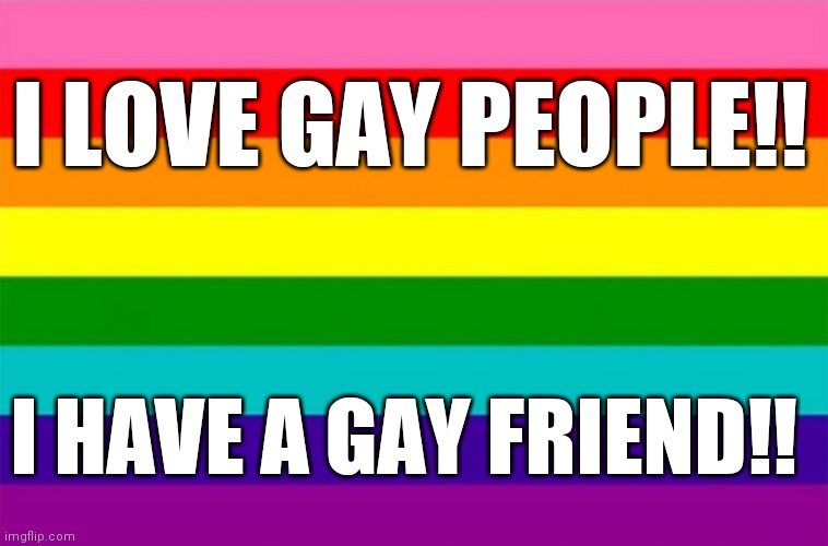 Homophobia satire | I LOVE GAY PEOPLE!! I HAVE A GAY FRIEND!! | image tagged in gay pride,satire,pride,flag,homophobia | made w/ Imgflip meme maker