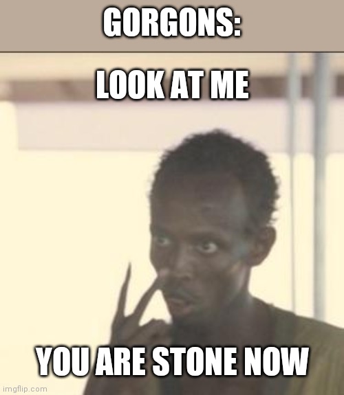 Look At Me | GORGONS:; LOOK AT ME; YOU ARE STONE NOW | image tagged in memes,look at me | made w/ Imgflip meme maker