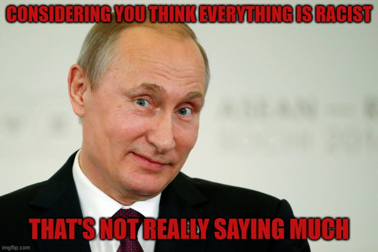 Sarcastic Putin | CONSIDERING YOU THINK EVERYTHING IS RACIST THAT'S NOT REALLY SAYING MUCH | image tagged in sarcastic putin | made w/ Imgflip meme maker