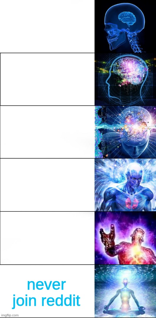 Expanding brain | never join reddit | image tagged in expanding brain | made w/ Imgflip meme maker