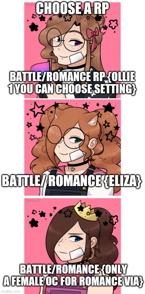 Choose | CHOOSE A RP; BATTLE/ROMANCE RP {OLLIE 1 YOU CAN CHOOSE SETTING}; BATTLE/ ROMANCE {ELIZA}; BATTLE/ROMANCE {ONLY A FEMALE OC FOR ROMANCE VIA} | image tagged in stop reading the tags | made w/ Imgflip meme maker