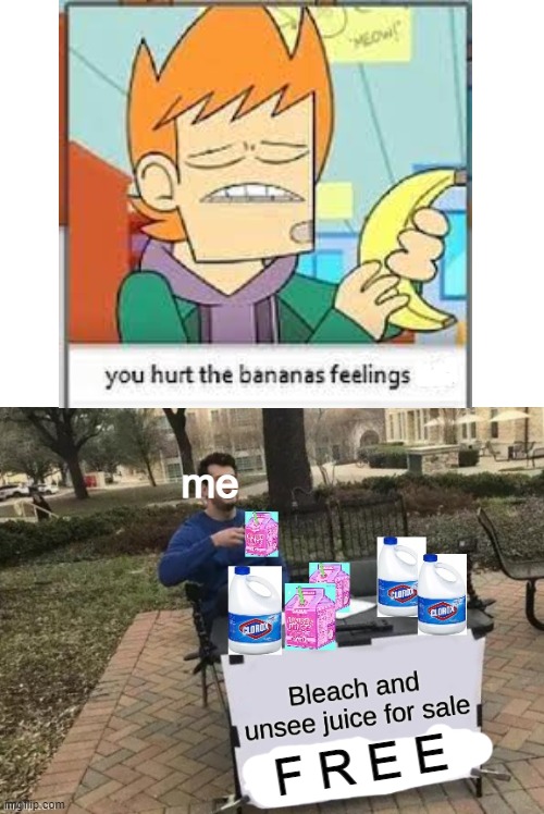 u hurt it's feelings | me; F R E E | image tagged in bleach and unsee juice for sale | made w/ Imgflip meme maker