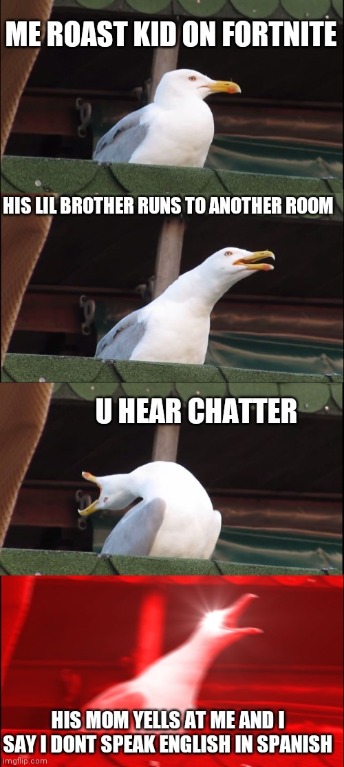 Inhaling Seagull | ME ROAST KID ON FORTNITE; HIS LIL BROTHER RUNS TO ANOTHER ROOM; U HEAR CHATTER; HIS MOM YELLS AT ME AND I SAY I DONT SPEAK ENGLISH IN SPANISH | image tagged in memes,inhaling seagull | made w/ Imgflip meme maker