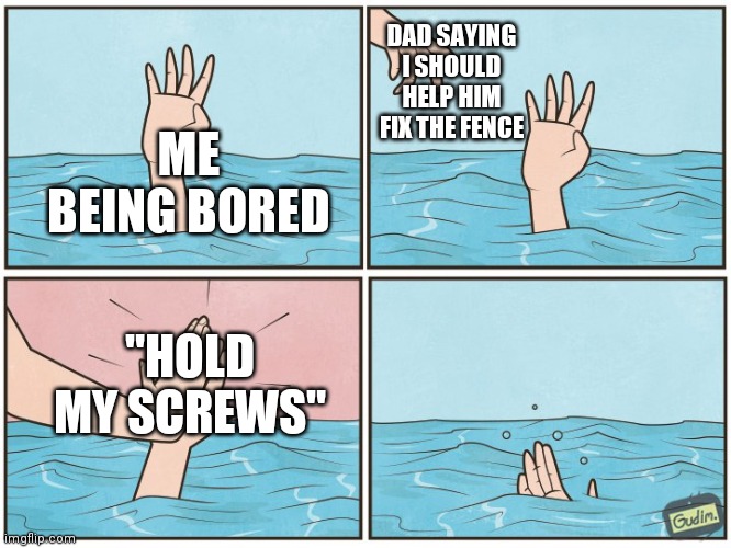 All I Get To Do Is Hold His Screws | DAD SAYING I SHOULD HELP HIM FIX THE FENCE; ME BEING BORED; "HOLD MY SCREWS" | image tagged in high five drown | made w/ Imgflip meme maker
