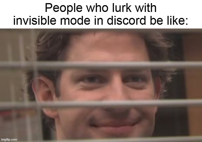 Jim smiles trough windows | People who lurk with invisible mode in discord be like: | image tagged in jim smiles trough windows | made w/ Imgflip meme maker
