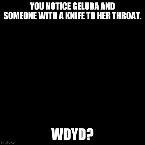 . . . | YOU NOTICE GELUDA AND SOMEONE WITH A KNIFE TO HER THROAT. WDYD? | image tagged in blank black template | made w/ Imgflip meme maker