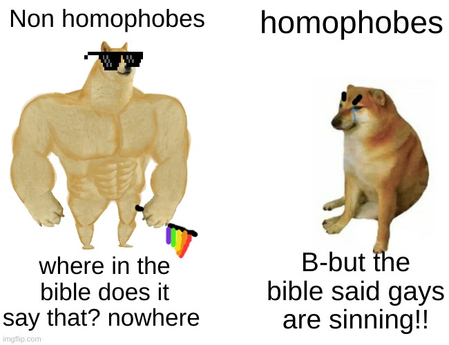 As a christian people who say that piss me off, also Happy Pride Month everyone! | Non homophobes; homophobes; B-but the bible said gays are sinning!! where in the bible does it say that? nowhere | image tagged in memes,buff doge vs cheems,lgbtq,homophobes | made w/ Imgflip meme maker