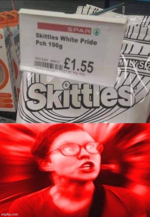 When all you wanted was a bag of Skittles after your Critical Race Theory class | image tagged in sjw,skittles,trump derangement syndrome | made w/ Imgflip meme maker