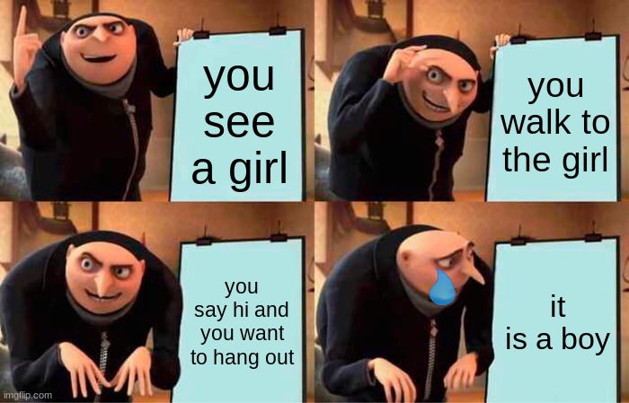 Gru's Plan Meme | you see a girl; you walk to the girl; you say hi and you want to hang out; it is a boy | image tagged in memes,gru's plan | made w/ Imgflip meme maker