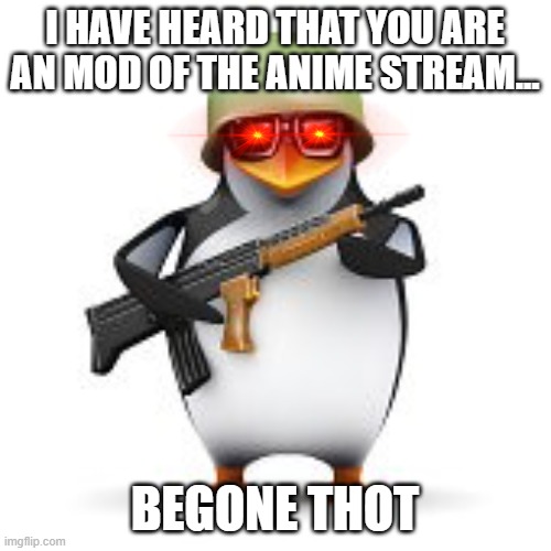 no anime penguin | I HAVE HEARD THAT YOU ARE AN MOD OF THE ANIME STREAM... BEGONE THOT | image tagged in no anime penguin | made w/ Imgflip meme maker