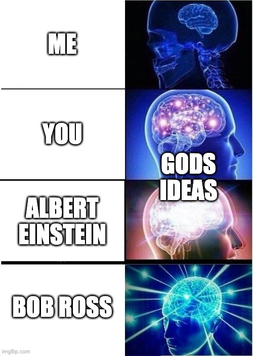 GODS IDEAS | ME; YOU; GODS IDEAS; ALBERT EINSTEIN; BOB ROSS | image tagged in memes,expanding brain | made w/ Imgflip meme maker