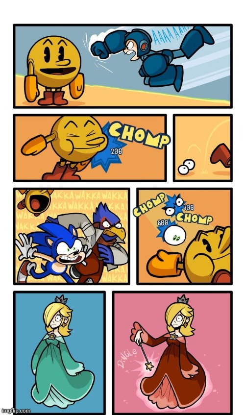 ROSALINA DITCHES THE BLUE DRESS | image tagged in rosalina,comics/cartoons,pacman,sonic the hedgehog,megaman | made w/ Imgflip meme maker