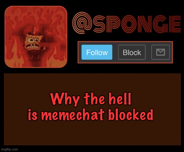 W H Y | Why the hell is memechat blocked | image tagged in sponge | made w/ Imgflip meme maker