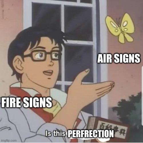 Butterfly man |  AIR SIGNS; FIRE SIGNS; PERFRECTION | image tagged in butterfly man | made w/ Imgflip meme maker