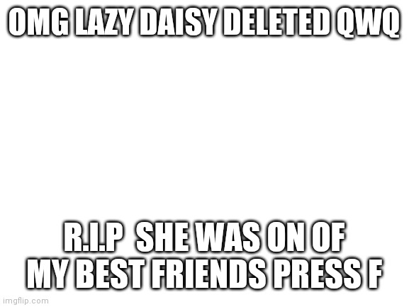 Bro why | OMG LAZY DAISY DELETED QWQ; R.I.P  SHE WAS ON OF MY BEST FRIENDS PRESS F | image tagged in blank white template | made w/ Imgflip meme maker