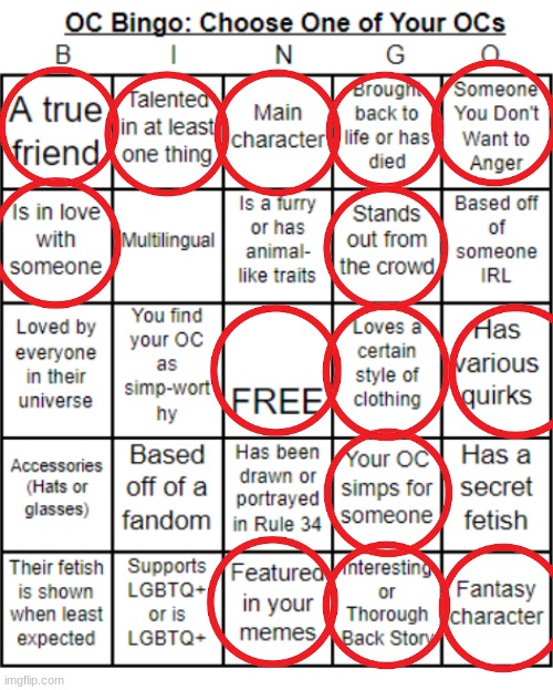 OC Bingo for: Ruv'Ka, the Disco Devil (because disco is cool) | image tagged in jer-sama's oc bingo | made w/ Imgflip meme maker