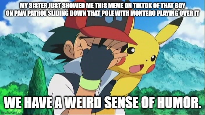 I'm neutral for tiktok btw, I only watch the funny memes | MY SISTER JUST SHOWED ME THIS MEME ON TIKTOK OF THAT BOY ON PAW PATROL SLIDING DOWN THAT POLE WITH MONTERO PLAYING OVER IT; WE HAVE A WEIRD SENSE OF HUMOR. | image tagged in ash ketchum facepalm | made w/ Imgflip meme maker