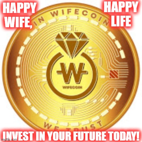Missed out on Bitcoin? Dogecoin? Here is a new FUN Crypto! | HAPPY LIFE; HAPPY WIFE, INVEST IN YOUR FUTURE TODAY! | image tagged in cryptocurrency,wife,doge,bitcoin,happy | made w/ Imgflip meme maker