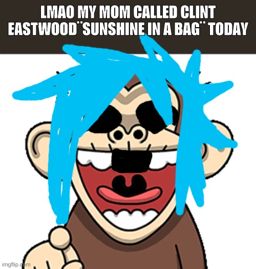 this si the second time in moi loife someone has done this to me | LMAO MY MOM CALLED CLINT EASTWOOD¨SUNSHINE IN A BAG¨ TODAY | image tagged in monkey,laugh,2d,gorillaz,sunshine in a bag,clint eastwood | made w/ Imgflip meme maker