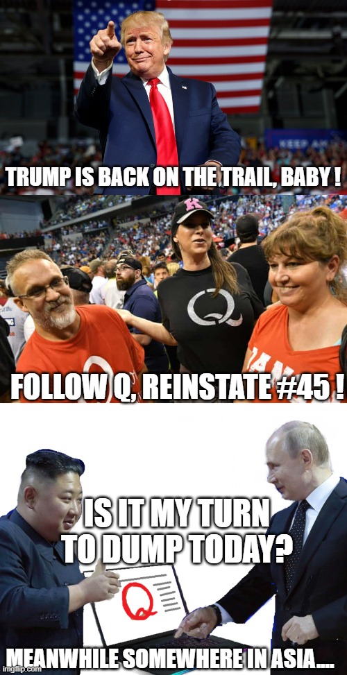 Follow Q ! Reinstate #45 | TRUMP IS BACK ON THE TRAIL, BABY ! FOLLOW Q, REINSTATE #45 ! IS IT MY TURN TO DUMP TODAY? MEANWHILE SOMEWHERE IN ASIA.... | image tagged in q anon,q,trump,reinstate,rally | made w/ Imgflip meme maker